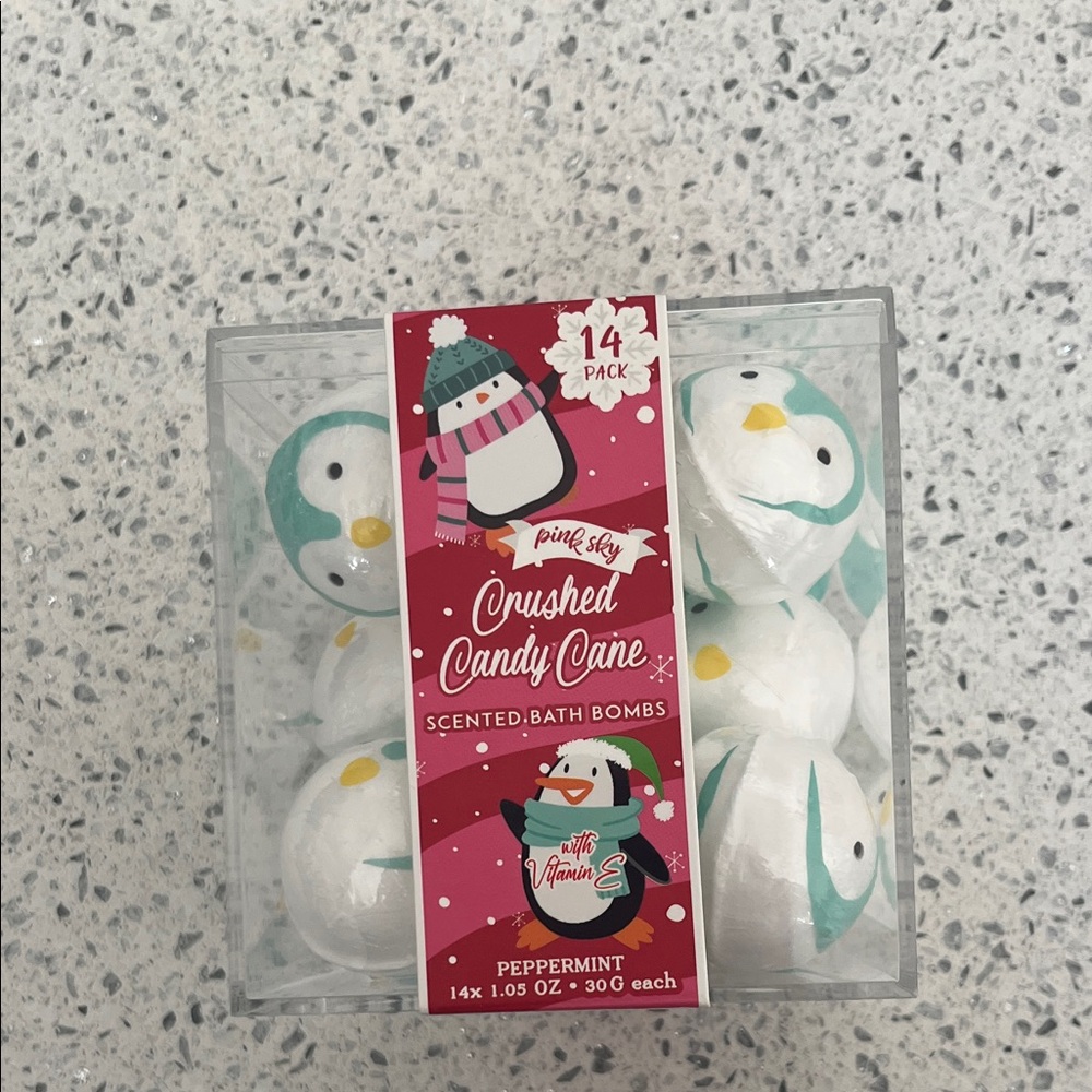 NWT Pink Sky Penguin Crushed Candy Cane Scented Bath Bombs